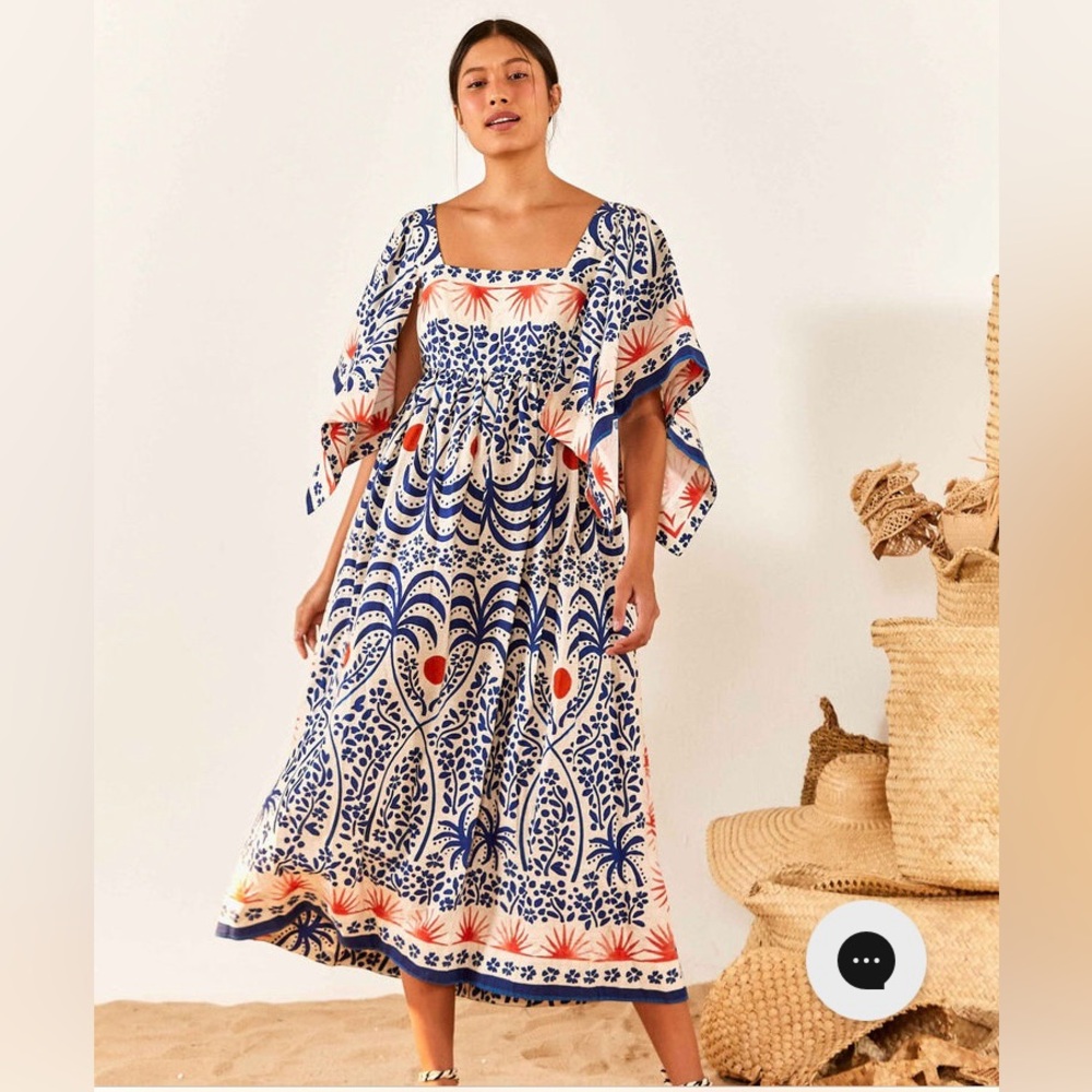 FARM Rio Navy, Cream & Coral Botanical Midi Dress
